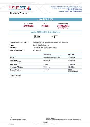 Certificat d'analyses pNAPEP-9502 Substrat Chromogène du FIXa